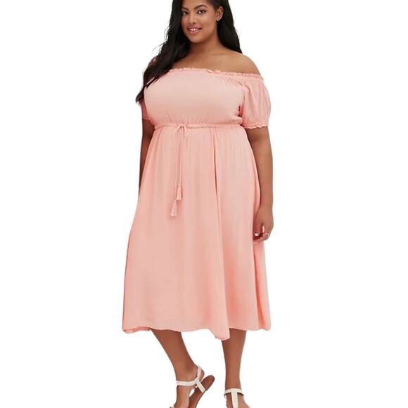Torrid NWT Off-Shoulder Peasant Midi Dress - Challis Peach Size 4X Waist Tie - Picture 3 of 8